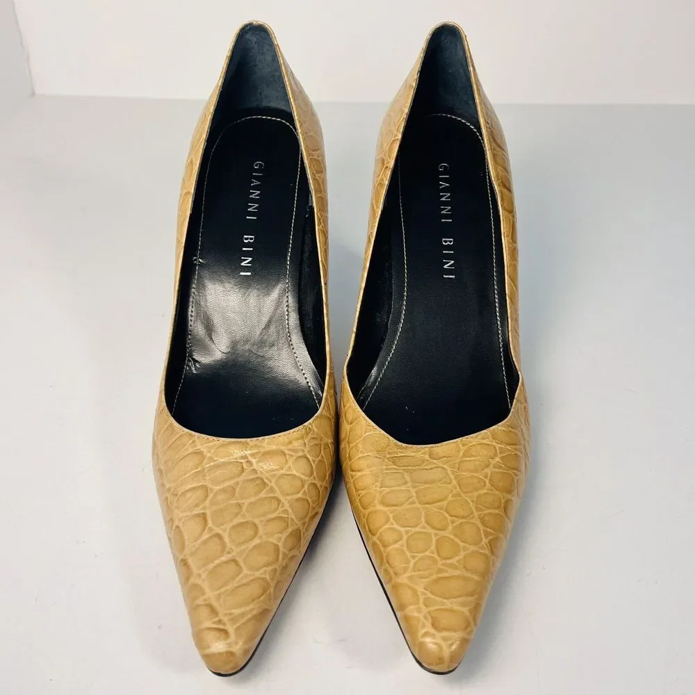 GIANNI BINI Tan Camel Yellow Crocodile Croc Alligator Leather Kitten Heels 6.5 M